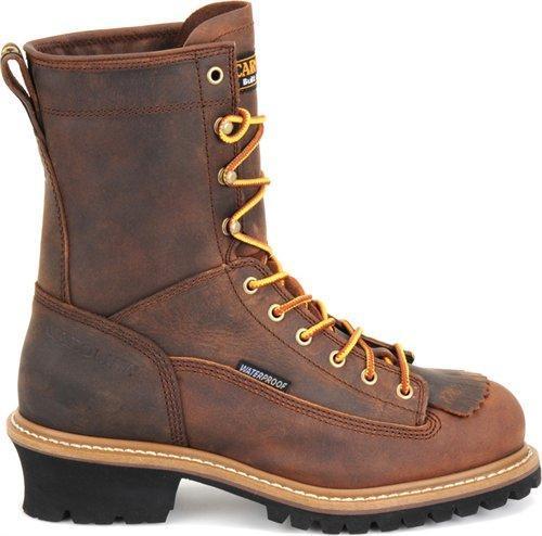high top red-brown work boot with tall heel