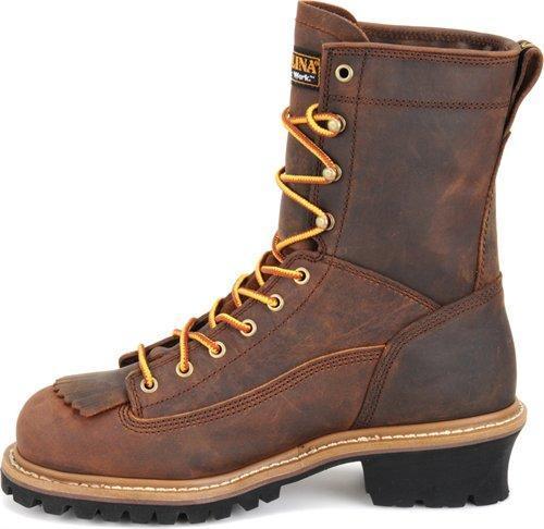 side view of high top red-brown work boot with tall heel