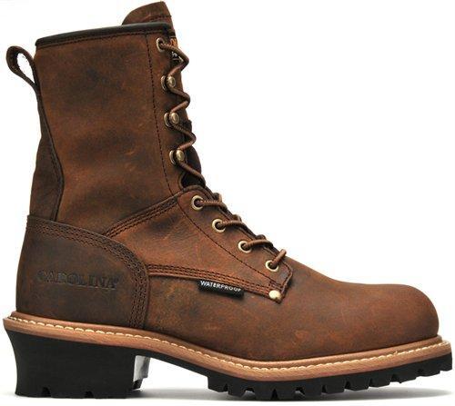 alternative side view of high top two toned leather work boot with tall heel