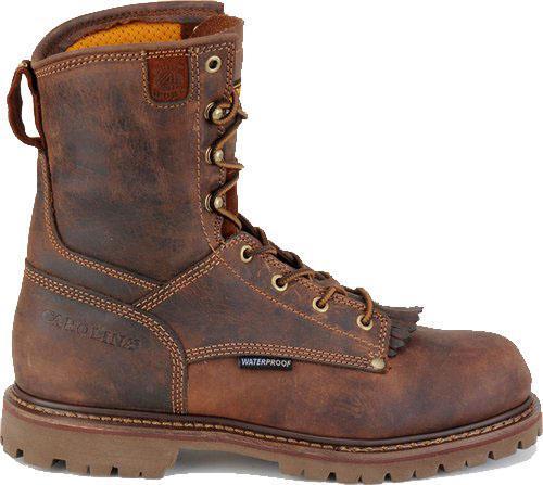side view of hightop dark brown boot with brown sole