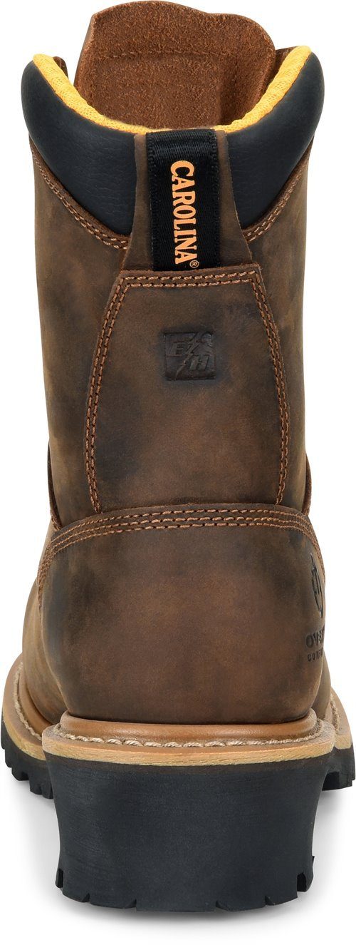 back of high top distressed dark brown work boot with black sole