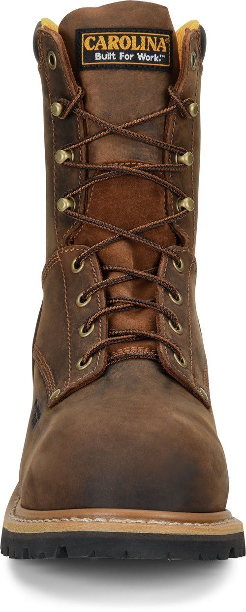 front of high top distressed dark brown work boot with black sole