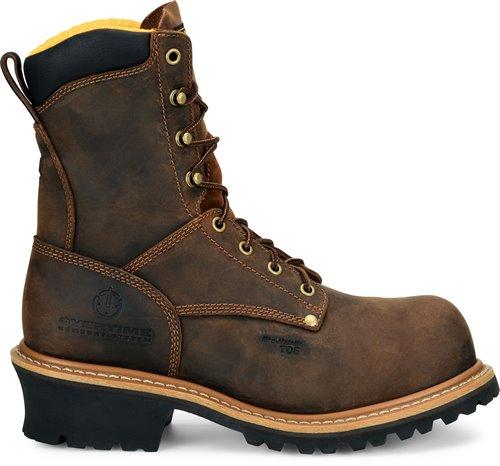 high top distressed dark brown work boot with black sole