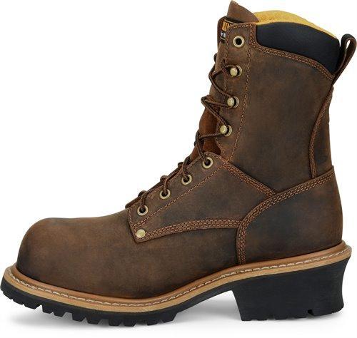 side of high top distressed dark brown work boot with black sole