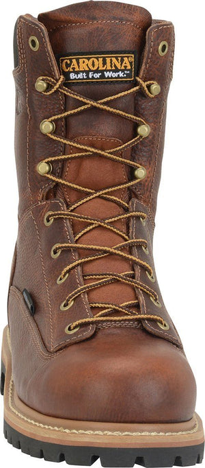front view of hightop orange-brown work boot with black sole