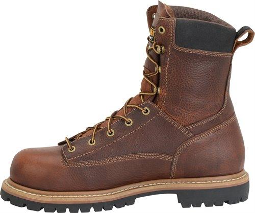 side view of hightop orange-brown work boot with black sole