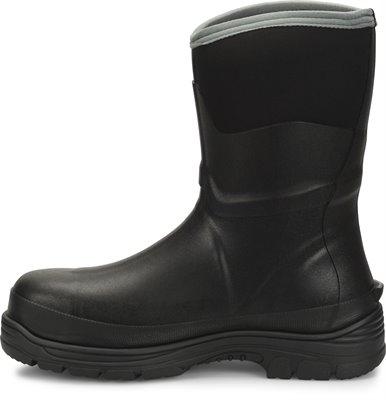 side view of high top black rubber pull on work boot boot