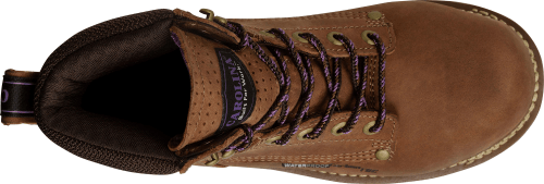 top view of mid top light brown work boot with gold eyelets and dark brown sole