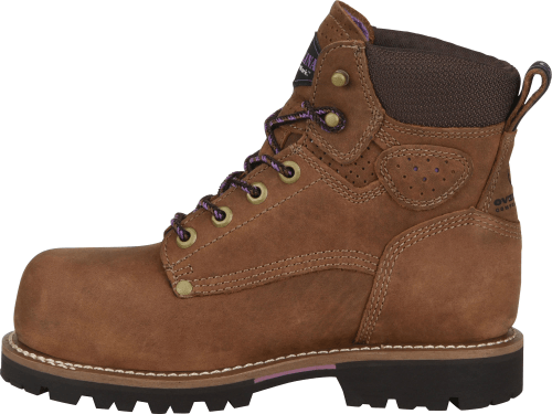 side view of mid top light brown work boot with gold eyelets and dark brown sole