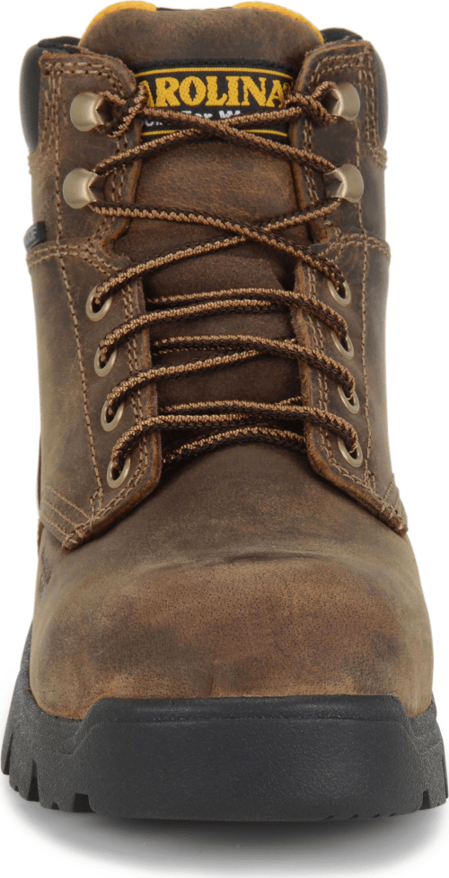 front view of mid top brown suede work boot with black heel and sole