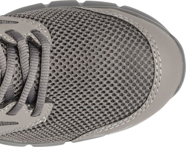 detailed toe view of grey mesh and microfiber women's work shoe with grey laces