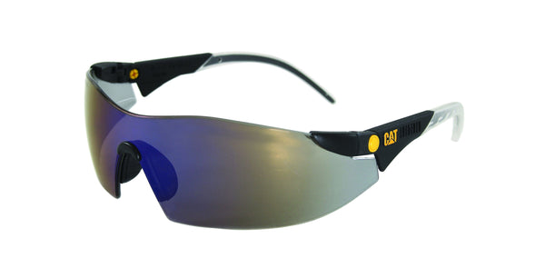 sun glasses with blue  mirror lenses and CAT logo on stem
