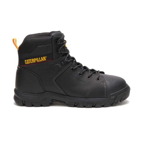 alternate side view of mid top black leather work boot with Caterpillar logo on side