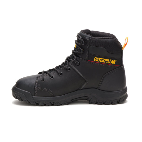 side view of mid top black leather work boot with Caterpillar logo on side