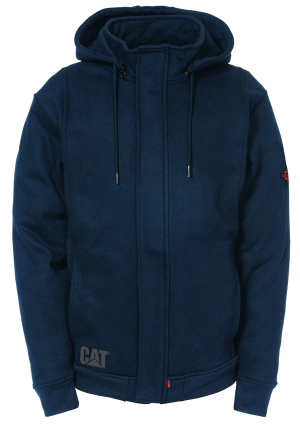 blue zip up jacket with hood and CAT logo on lower left