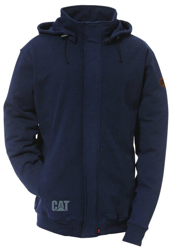 blue zip up jacket with hood and CAT logo on lower left and sleeve in pocket
