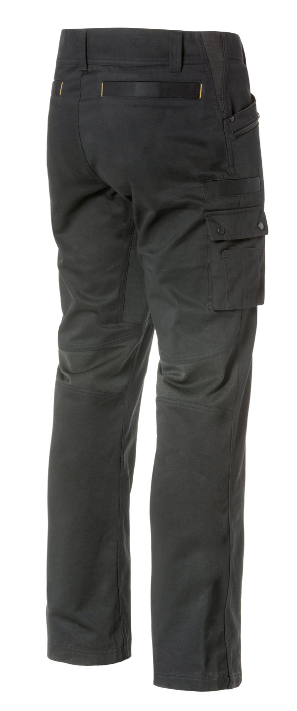 side view of dark grey pants with cargo pockets