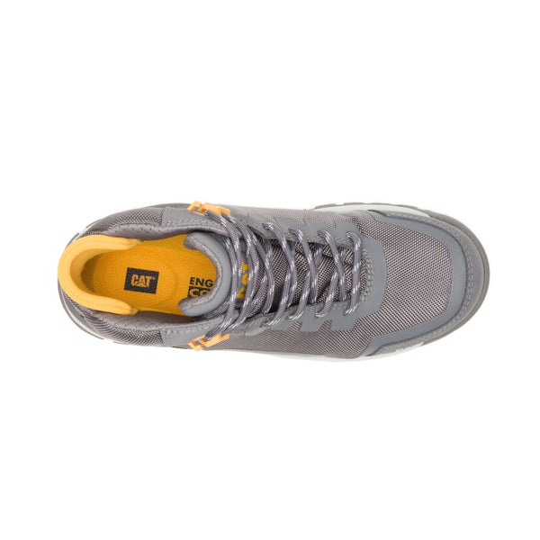 top view of grey high top work tennis shoe with yellow eyelets and grey sole