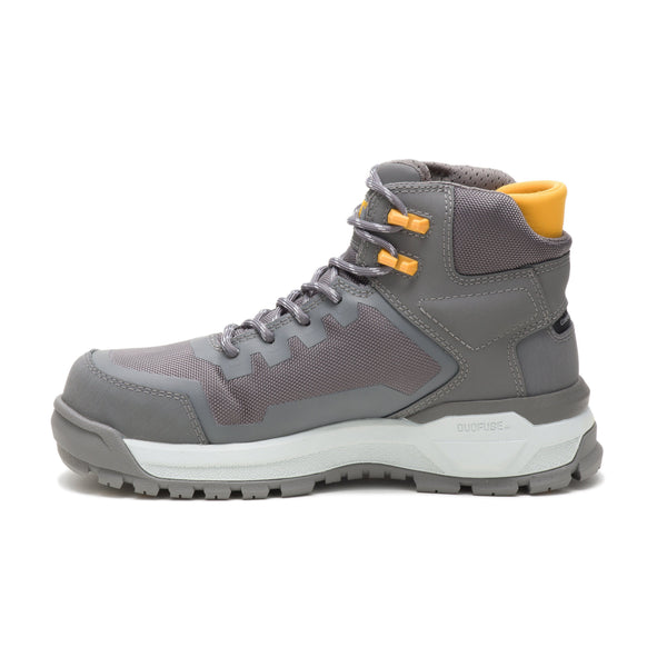 side view of grey high top work tennis shoe with yellow eyelets and grey sole