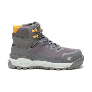 grey high top work tennis shoe with yellow eyelets and grey sole