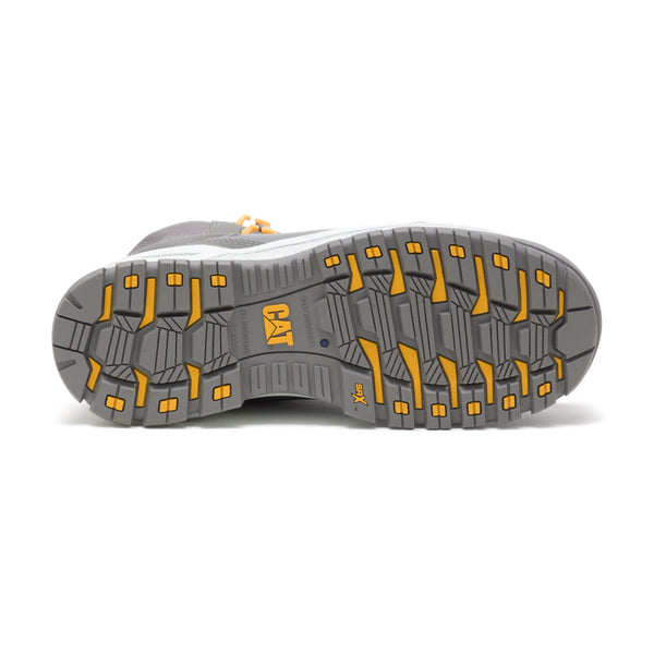 grey and yellow sole with yellow CAT logo 