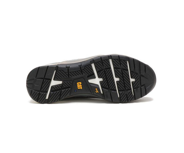 black sole with white accents and yellow CAT logo