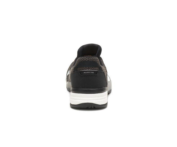 rear view of black and grey tennis shoe style work shoe with silver accent at the laces and white outsole