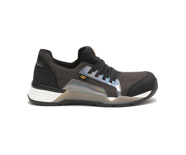 black and grey tennis shoe style work shoe with silver accent at the laces and white outsole