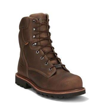 high top dark brown work boot with darker brown sole