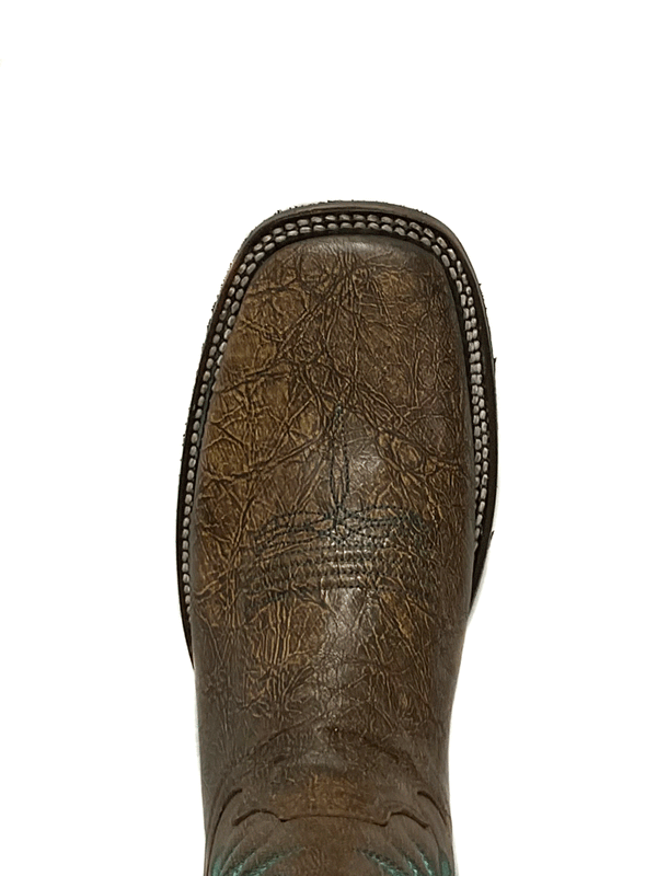 wide square toe of dark brown cowgirl boot with dark brown vamp stamp