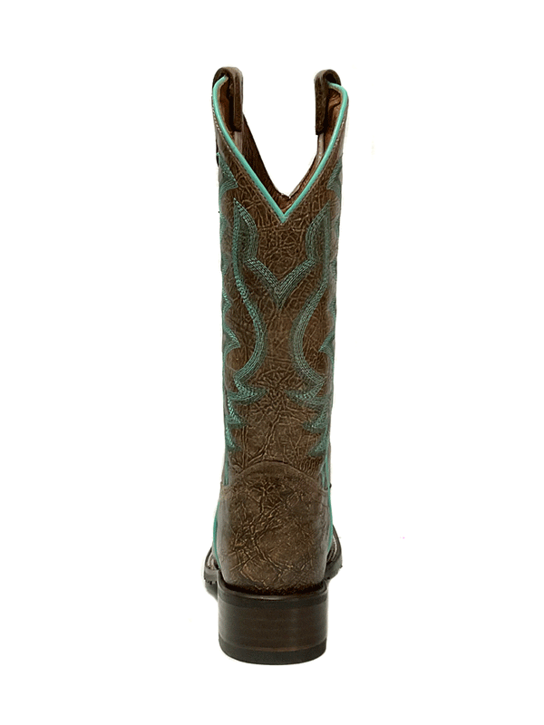back view of tall dark brown cowgirl boot with turquoise stitching on shaft and dark brown vamp stamp