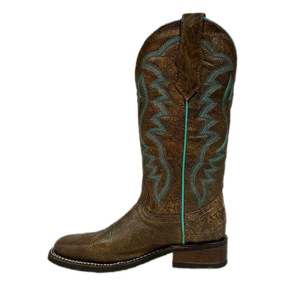 side view of tall dark brown cowgirl boot with turquoise stitching on shaft and dark brown vamp stamp