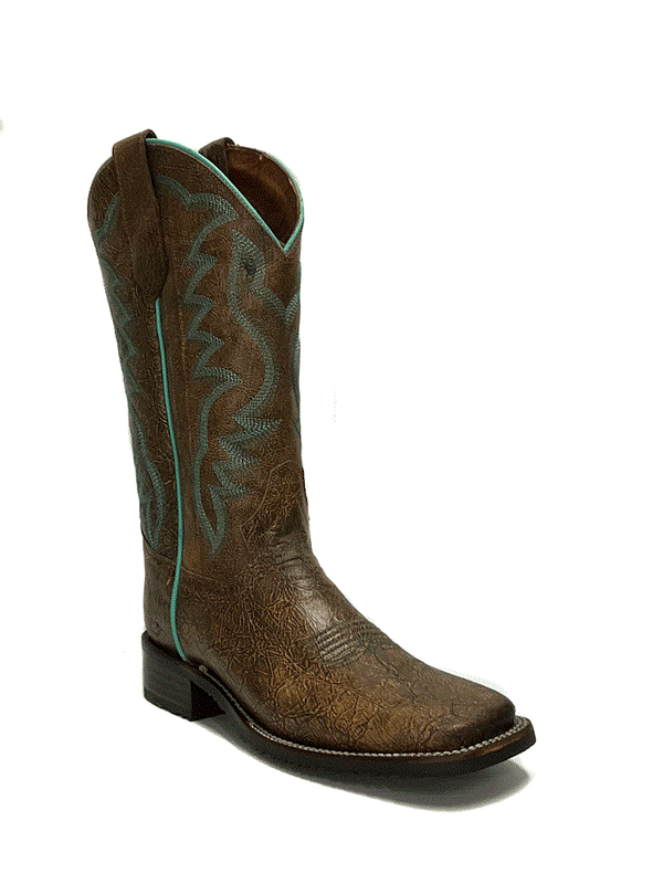 tall dark brown cowgirl boot with turquoise stitching on shaft and dark brown vamp stamp