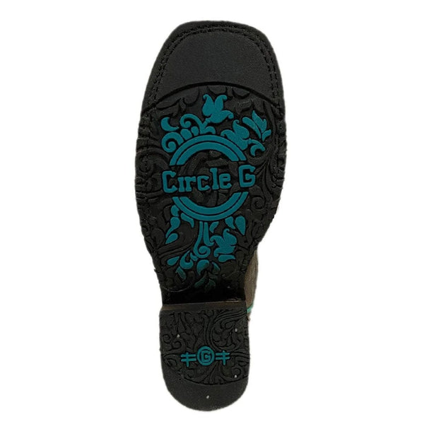 black sole of wide square toe women's cowgirl boot with Circle G logo in turquoise 