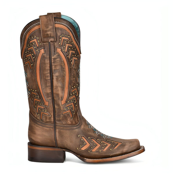 Corral Women's - 12" Leather Turquoise and Tan Western Boots - Square Toe