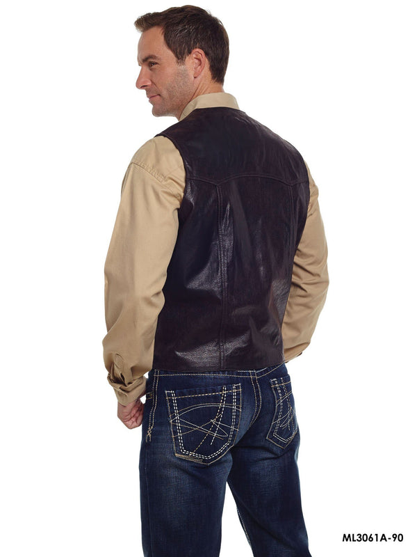 rear view of man smiling and wearing leather vest over brown long sleeve shirt