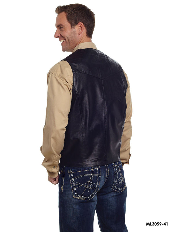 rear view of man wearing black vest over brown long sleeve shirt