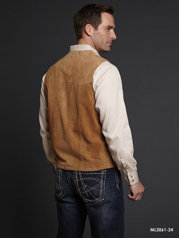 rear view of man wearing light brown vest over white long sleeve shirt