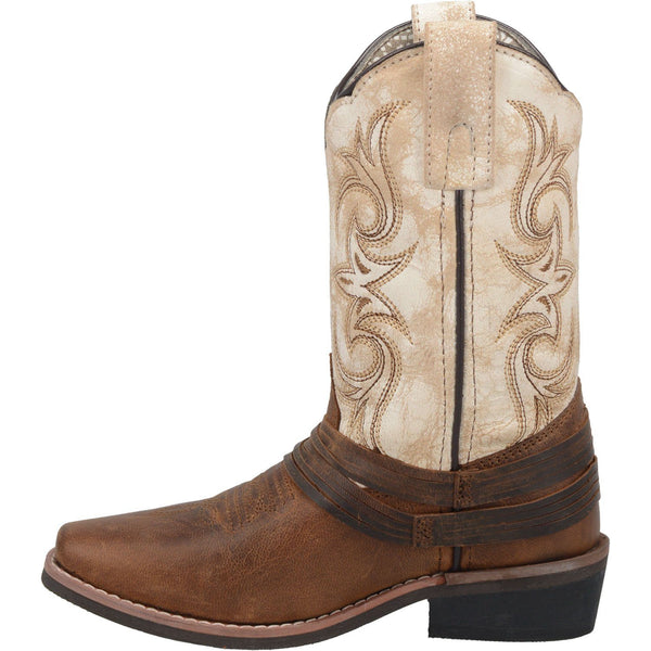 alternative side view of cowgirl boot with brown/white shaft with embroidery and brown vamp with leather tassels 