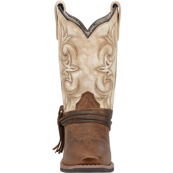 front view of cowgirl boot with brown/white shaft with embroidery and brown vamp with leather tassels 