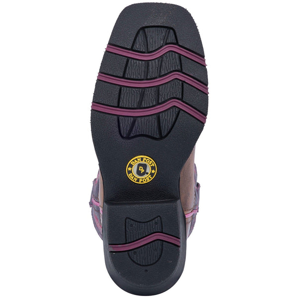 black sole with purple accents and yellow logo