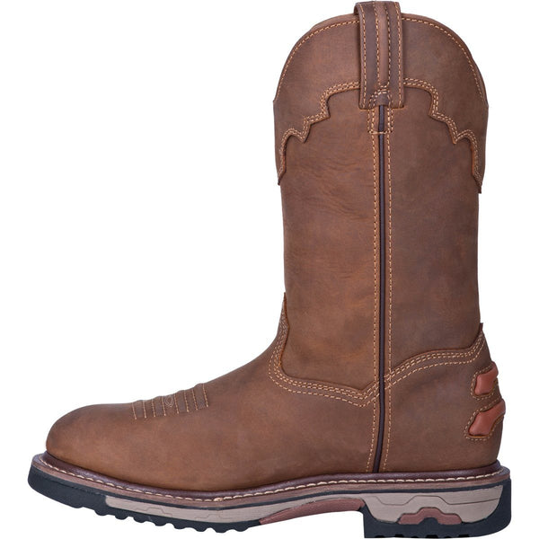 side view of front view of high top pull on leather work boot with cowboy boot style accents