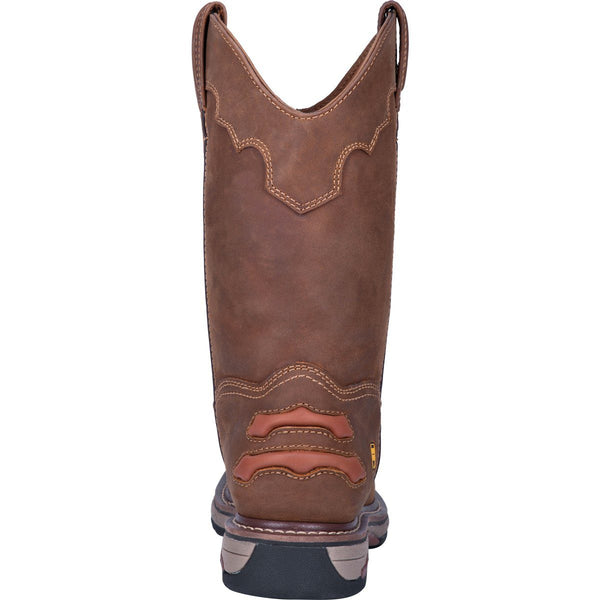 rear view of front view of high top pull on leather work boot with cowboy boot style accents