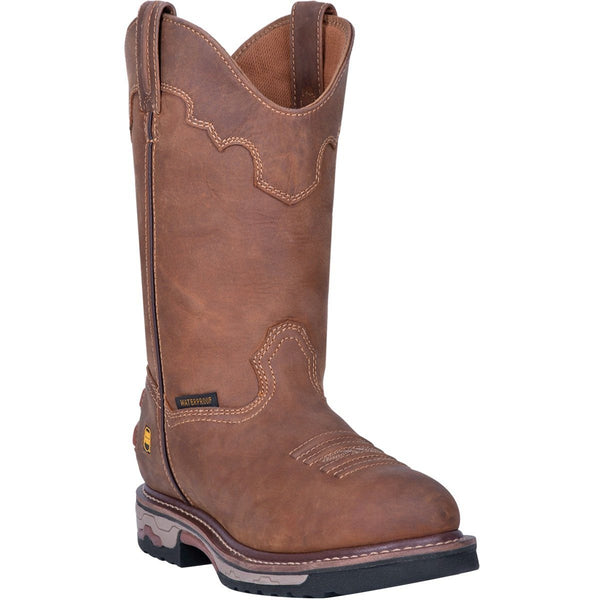 high top pull on leather work boot with cowboy boot style accents and round toe