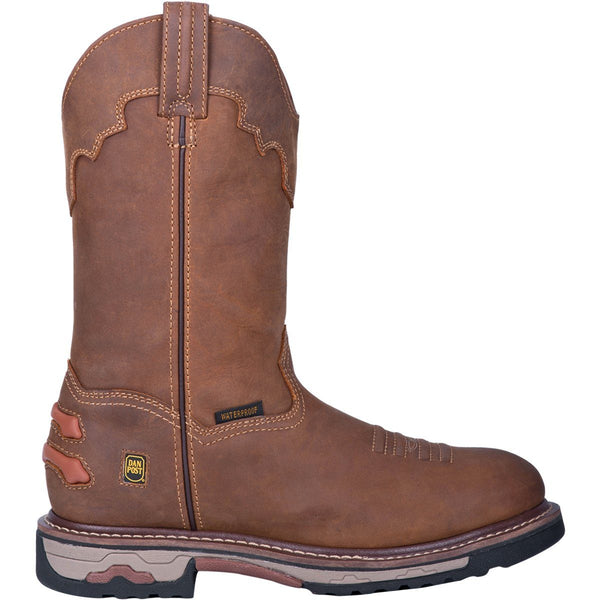 side view of high top pull on leather work boot with cowboy boot style accents and round toe