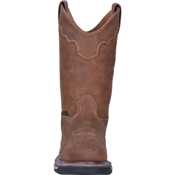 front view of high top pull on leather work boot with cowboy boot style accents