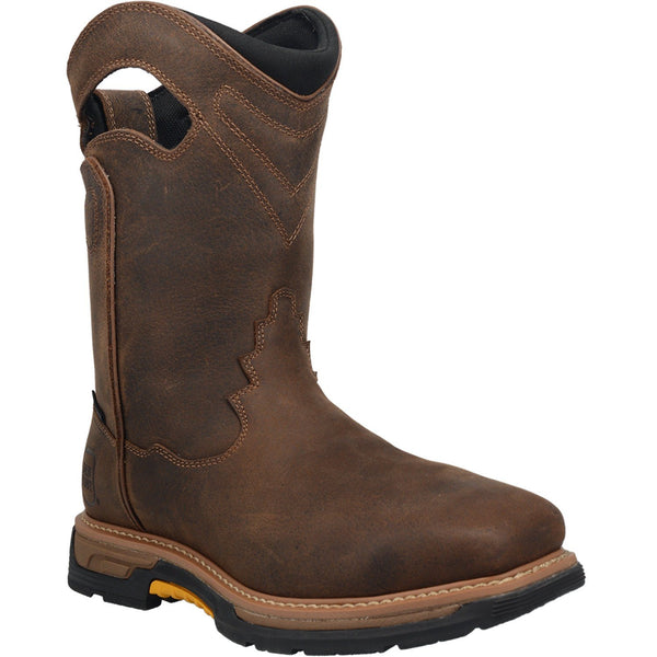 brown high top pull on work boot with pull holes and black sole