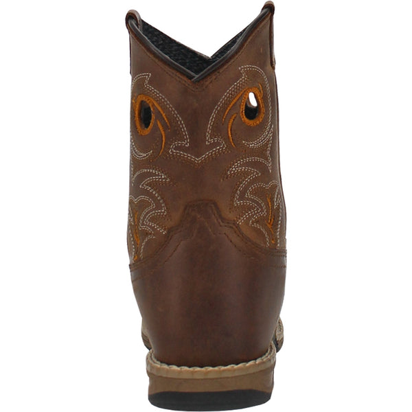 rear view of children's cowboy boot with brown and white embroidery and pull holes