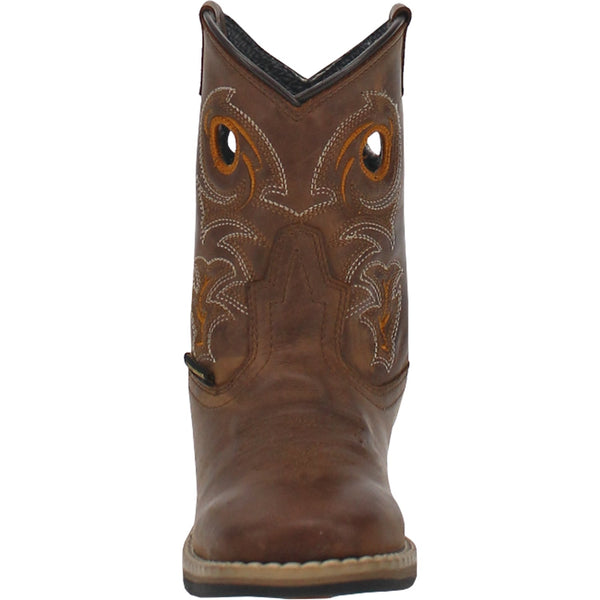 front view of children's cowboy boot with brown and white embroidery and pull holes