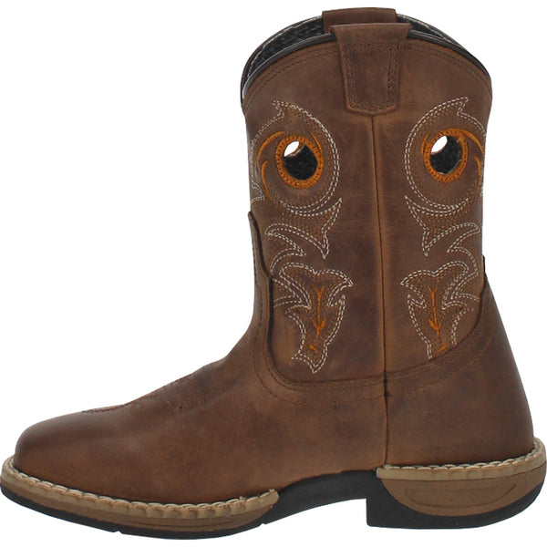 alternative side view of children's cowboy boot with brown and white embroidery and pull holes